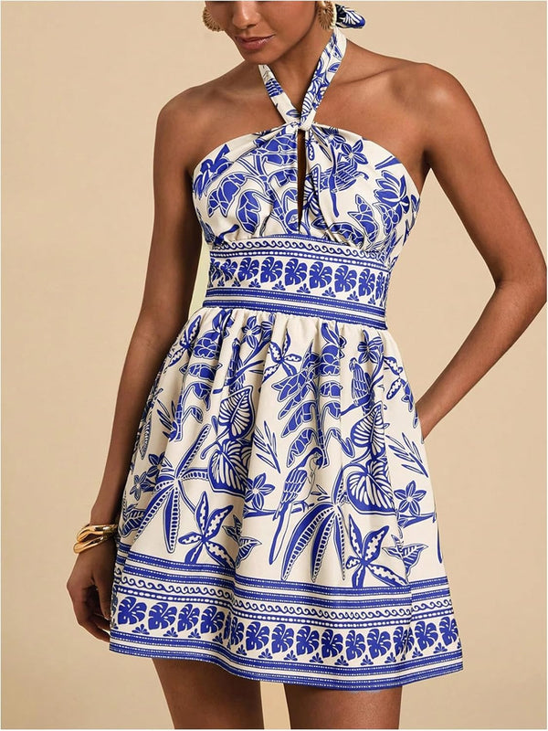 Santorini Tie-Back Mini Dress - Blue + White / Green + White