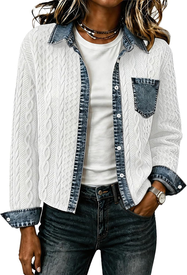Denim Daydream Cable-Knit Cropped Shacket - Army, Apricot, Black, Grey, Navy, White