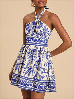 Santorini Tie-Back Mini Dress - Blue + White / Green + White