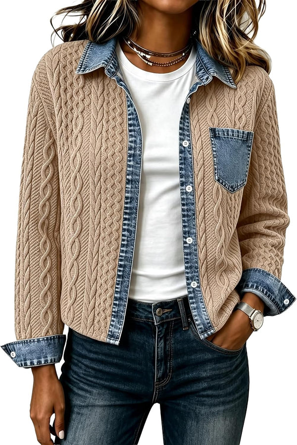 Denim Daydream Cable-Knit Cropped Shacket - Army, Apricot, Black, Grey, Navy, White