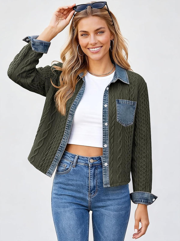 Denim Daydream Cable-Knit Cropped Shacket - Army, Apricot, Black, Grey, Navy, White