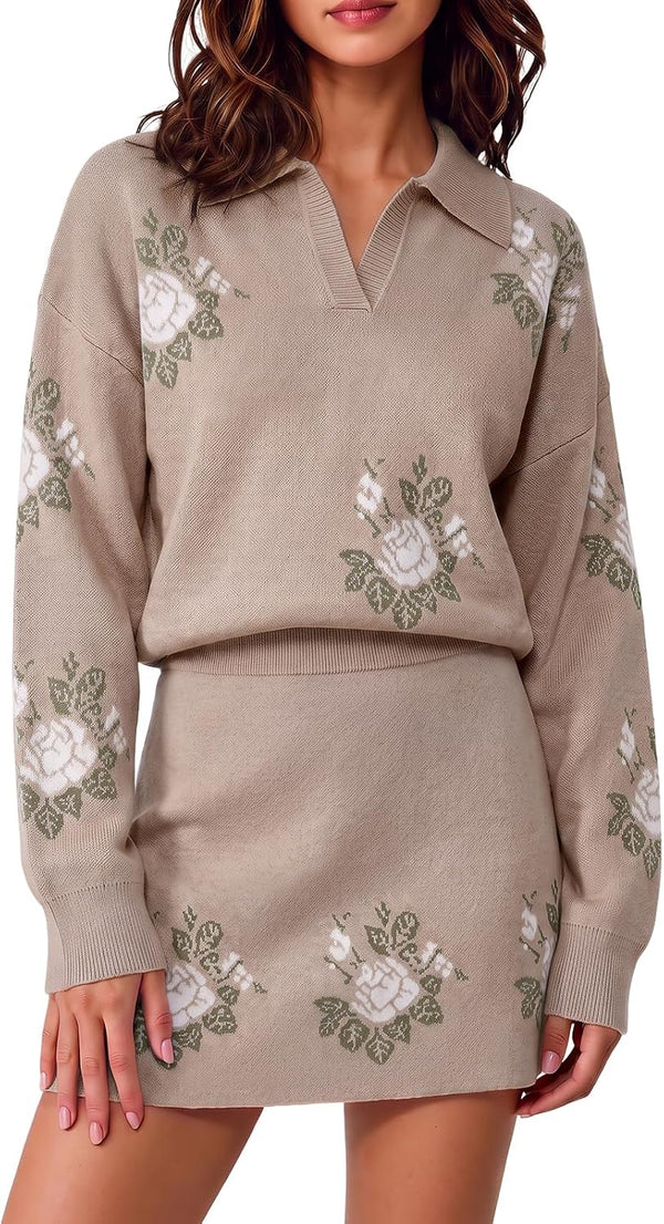 Prairie Petals Western Knit Skirt Set - Brown, Khaki