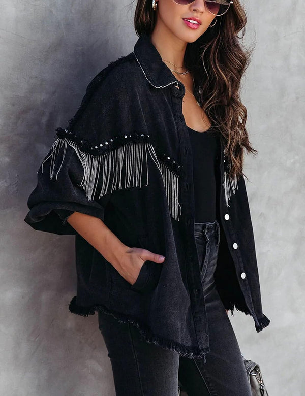 Rhinestone Rodeo Fringe Denim Jacket - Black, Blue, Dark Blue