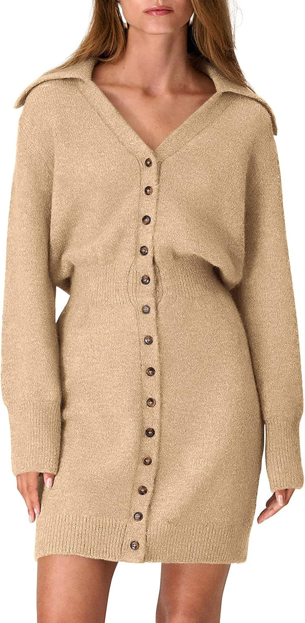 Buttoned-Up Beauty Mini Sweater Dress - Beige, Olive, Black