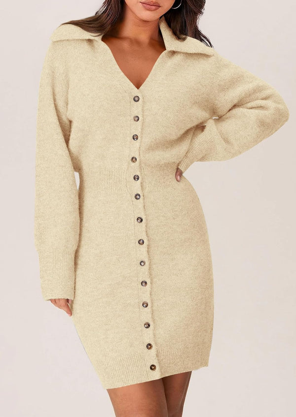 Buttoned-Up Beauty Mini Sweater Dress - Beige, Olive, Black
