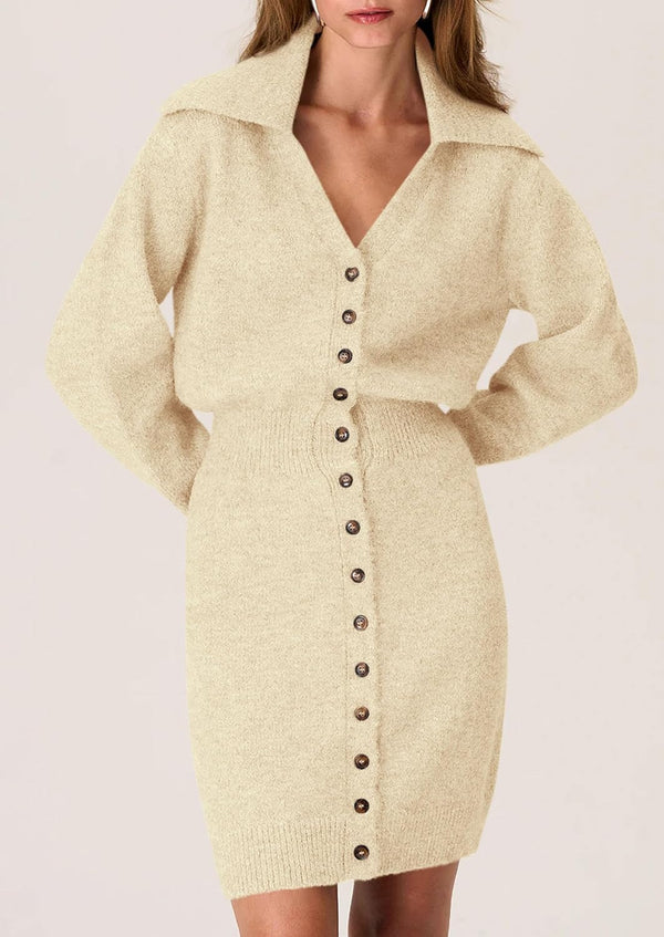 Buttoned-Up Beauty Mini Sweater Dress - Beige, Olive, Black