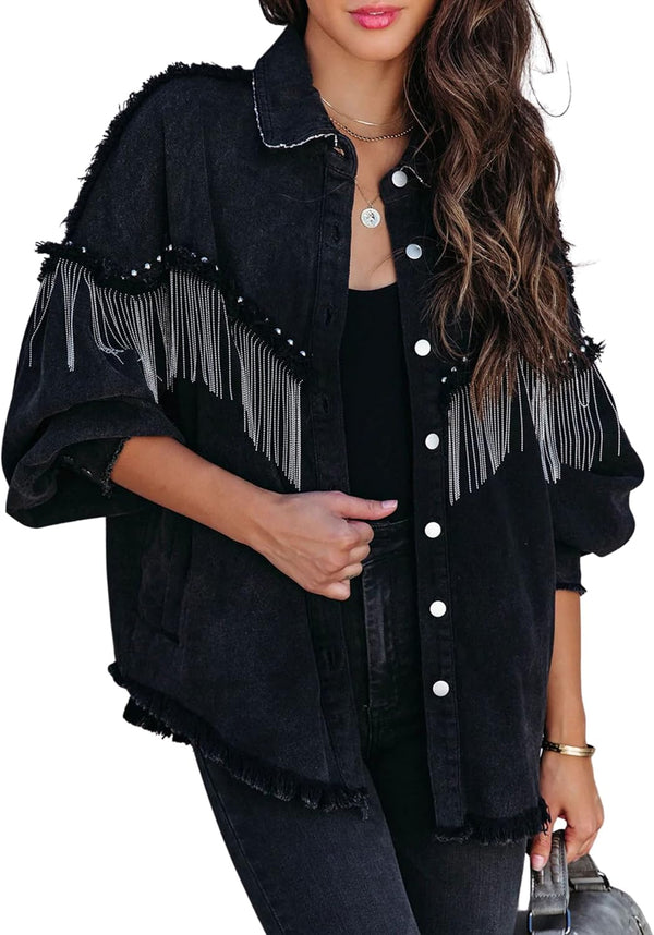 Rhinestone Rodeo Fringe Denim Jacket - Black, Blue, Dark Blue