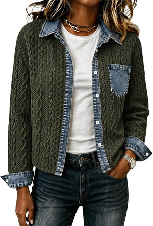 Denim Daydream Cable-Knit Cropped Shacket - Army, Apricot, Black, Grey, Navy, White