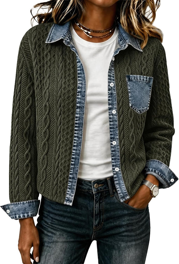 Denim Daydream Cable-Knit Cropped Shacket - Army, Apricot, Black, Grey, Navy, White