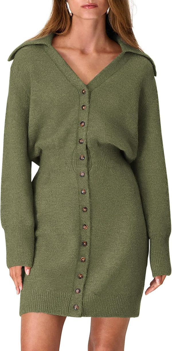Buttoned-Up Beauty Mini Sweater Dress - Beige, Olive, Black
