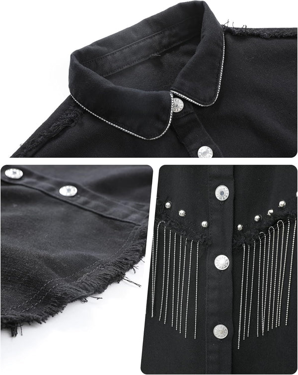 Rhinestone Rodeo Fringe Denim Jacket - Black, Blue, Dark Blue