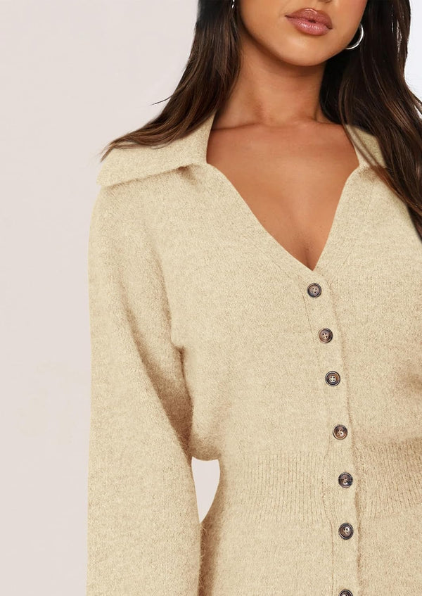 Buttoned-Up Beauty Mini Sweater Dress - Beige, Olive, Black