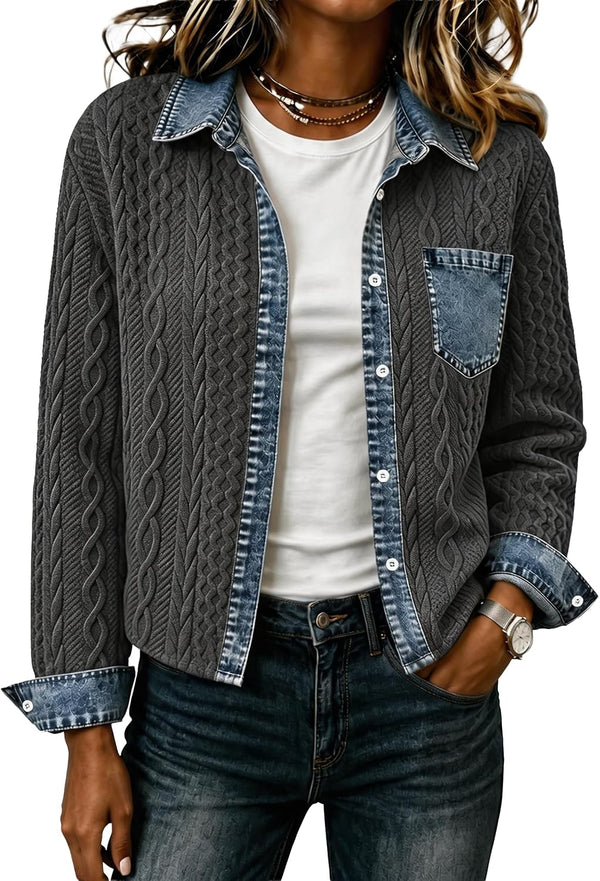 Denim Daydream Cable-Knit Cropped Shacket - Army, Apricot, Black, Grey, Navy, White