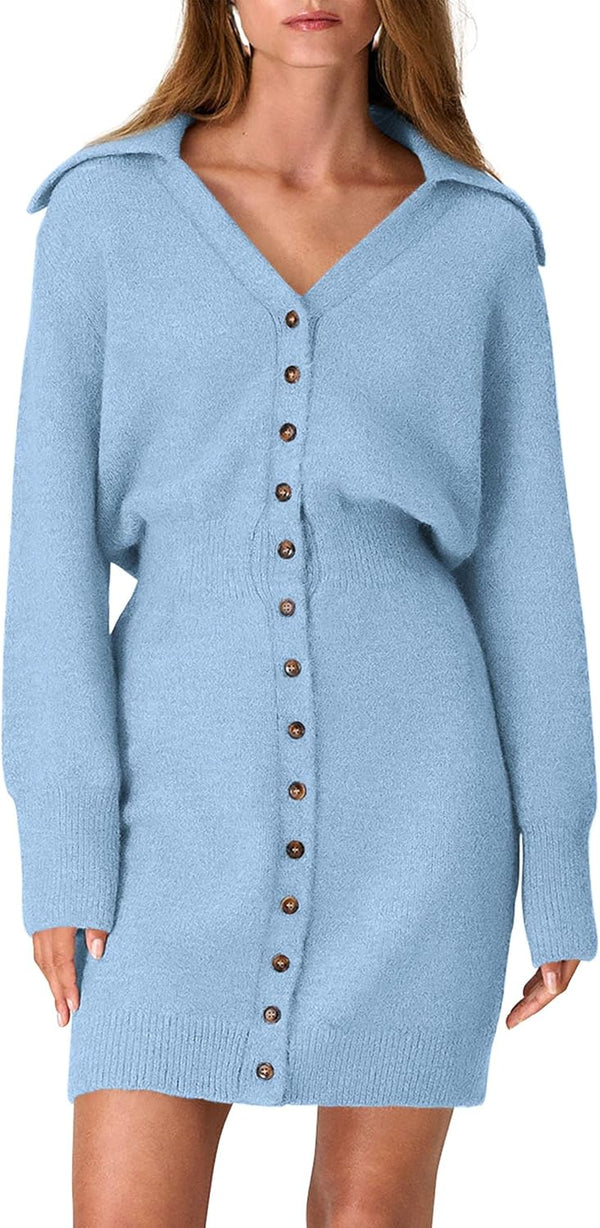 Buttoned-Up Beauty Mini Sweater Dress - Beige, Olive, Black