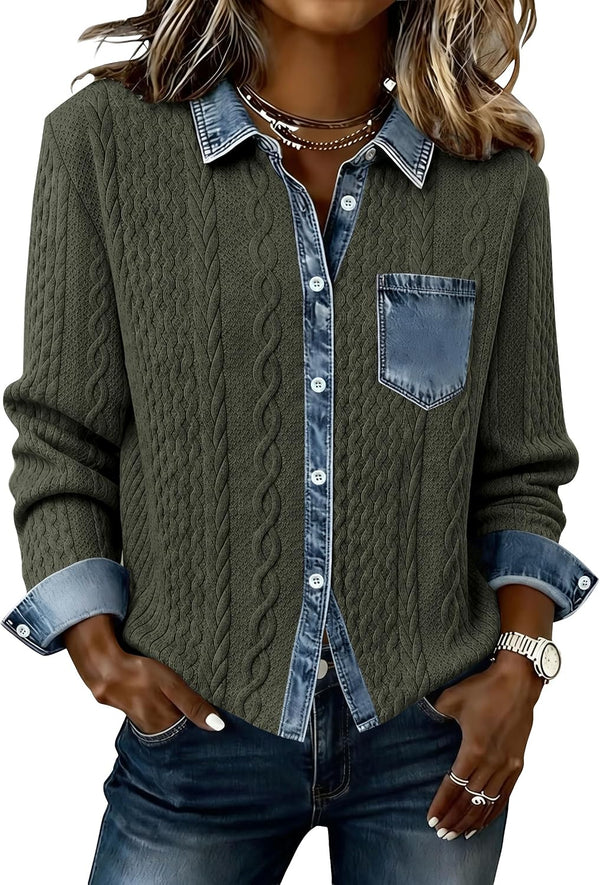Denim Daydream Cable-Knit Cropped Shacket - Army, Apricot, Black, Grey, Navy, White