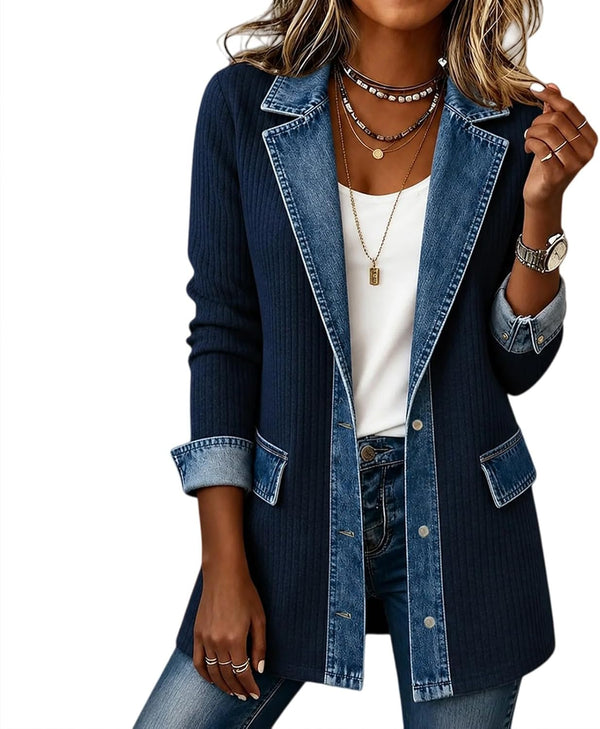 Denim Blazer for Women Patchwork Knit Cardigan Denim Sweater Jacket