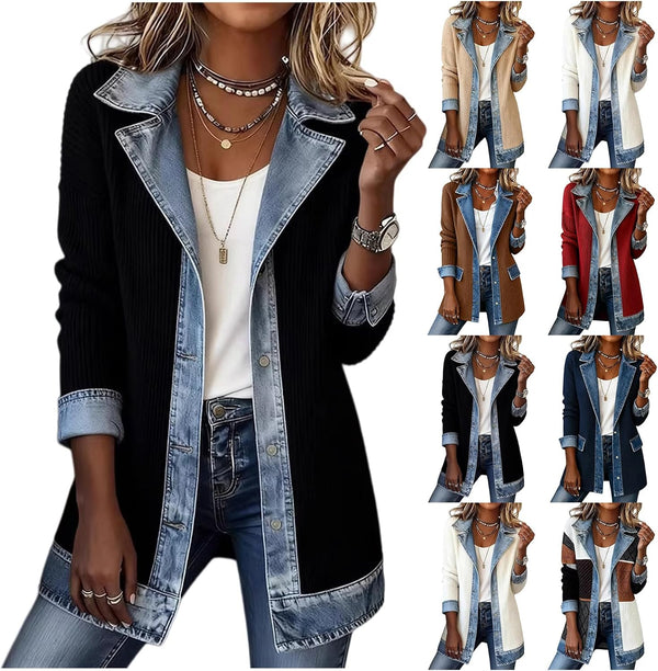 Denim Blazer for Women Patchwork Knit Cardigan Denim Sweater Jacket