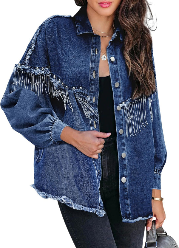 Rhinestone Rodeo Fringe Denim Jacket - Black, Blue, Dark Blue
