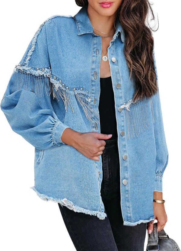 Rhinestone Rodeo Fringe Denim Jacket - Black, Blue, Dark Blue