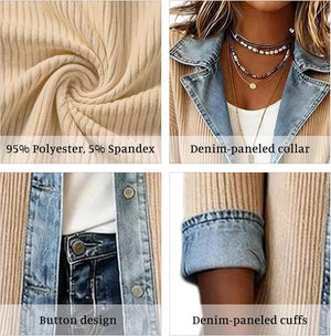Denim Blazer for Women Patchwork Knit Cardigan Denim Sweater Jacket