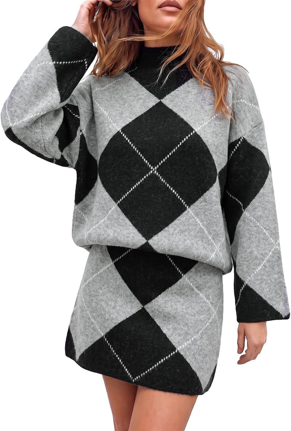 Diamond Darling Argyle Sweater 2 Piece Set - Brown, Camel, White, Khaki, Grey