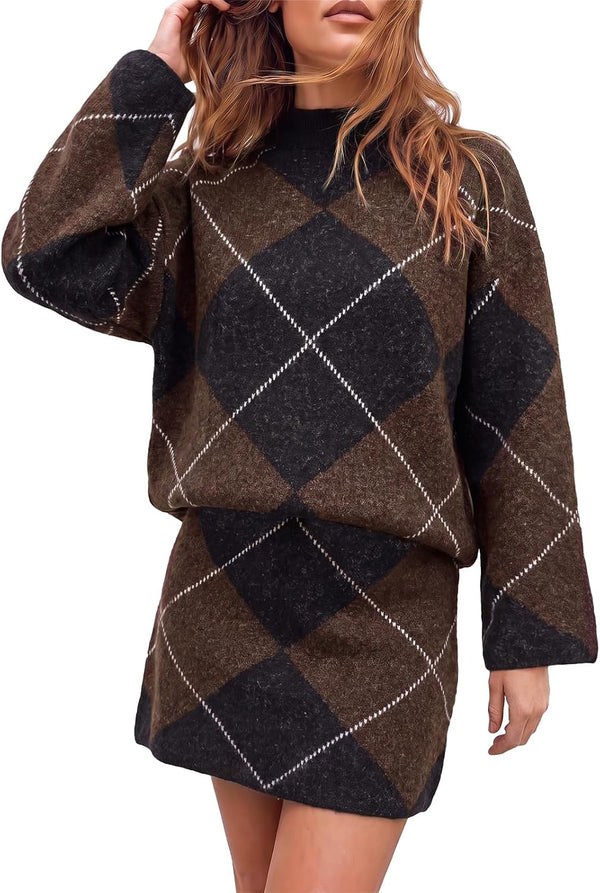 Diamond Darling Argyle Sweater 2 Piece Set - Brown, Camel, White, Khaki, Grey