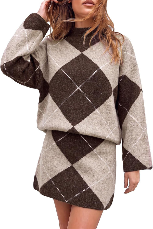 Diamond Darling Argyle Sweater 2 Piece Set - Brown, Camel, White, Khaki, Grey