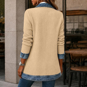 Denim Blazer for Women Patchwork Knit Cardigan Denim Sweater Jacket