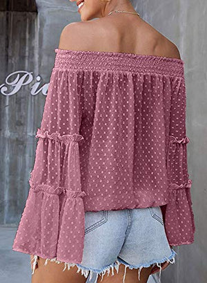 Sweet Pea Off The Shoulder Polka Dot Bell Sleeve Top - White, Rose, Blue, Pink or Sage - Daily Chic