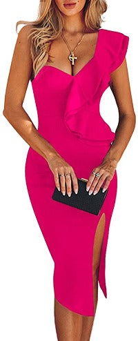 Valentina One Shoulder Ruffle Bodycon Midi Dress