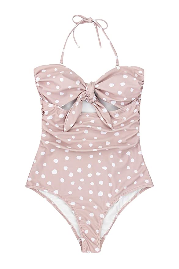 Bardot Knot Cutout Bathing Suit - Blush Polka Dots, Black, Pink, Orange, White, or Red - Daily Chic