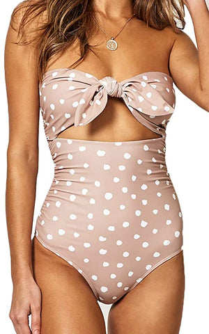 Bardot Knot Cutout Bathing Suit - Blush Polka Dots, Black, Pink, Orange, White, or Red - Daily Chic