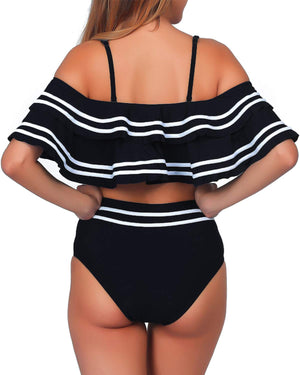 Señorita Off Shoulder Ruffle Top High Waisted Bikini - Black or Navy - Daily Chic