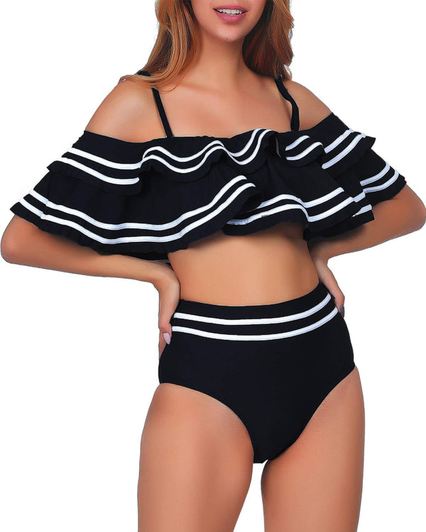 Señorita Off Shoulder Ruffle Top High Waisted Bikini - Black or Navy - Daily Chic