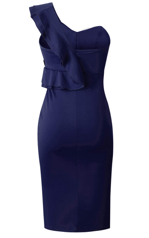 Valentino One Shoulder Ruffle Bodycon Midi Dress - Navy Blue - Daily Chic