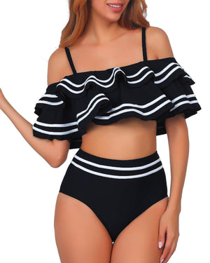 Señorita Off Shoulder Ruffle Top High Waisted Bikini - Black or Navy - Daily Chic