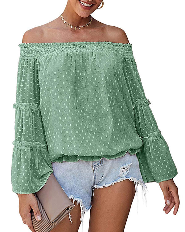 Sweet Pea Off The Shoulder Polka Dot Bell Sleeve Top - White, Rose, Blue, Pink or Sage - Daily Chic