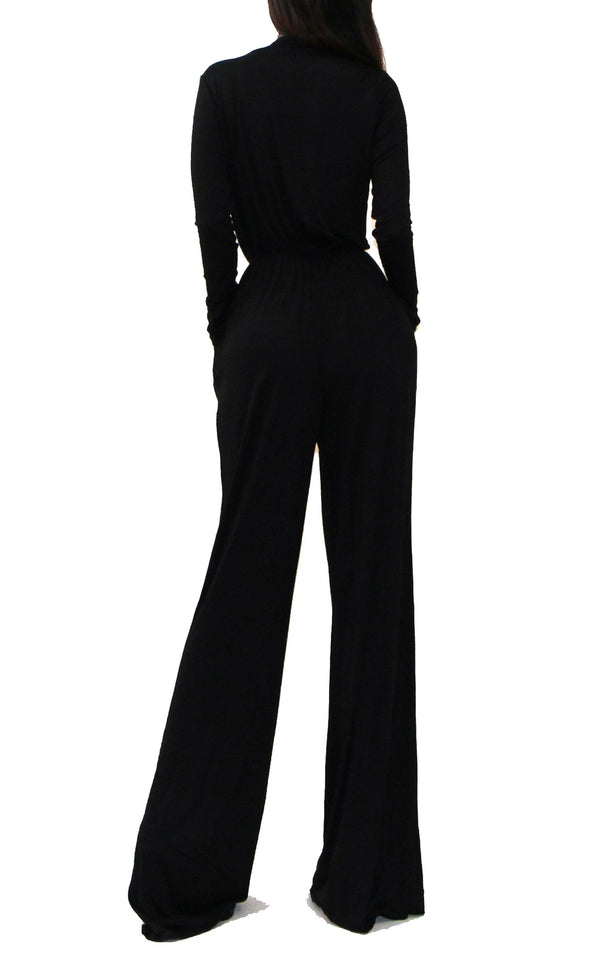 Uptown Wrap Top Wide Leg Long Sleeve Jumpsuit - Black - Daily Chic