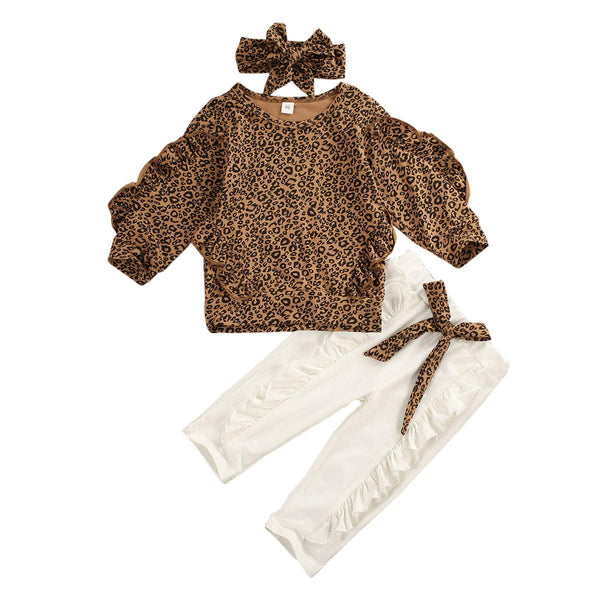 Leopard Ruffle Sweatshirt + Pants + Headband - Daily Chic