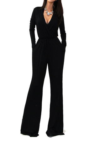 Uptown Wrap Top Wide Leg Long Sleeve Jumpsuit - Black - Daily Chic
