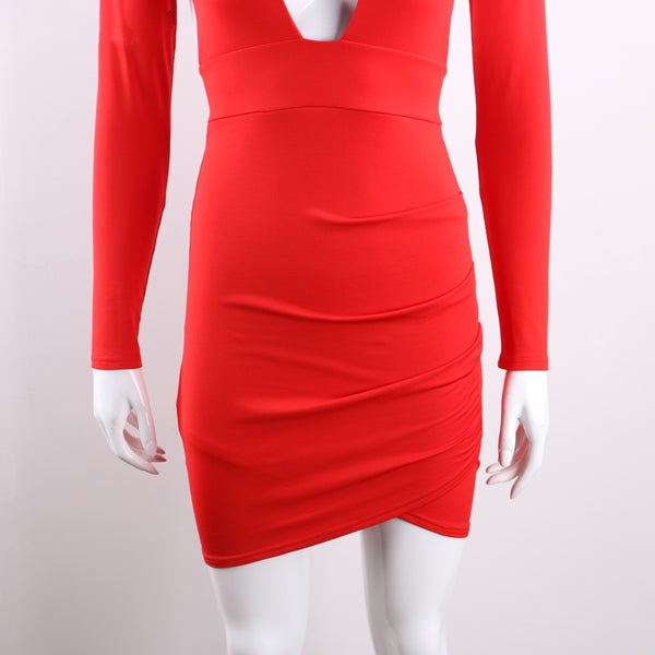Nadia Long Sleeve Deep V Plunge Dress - Red - Daily Chic