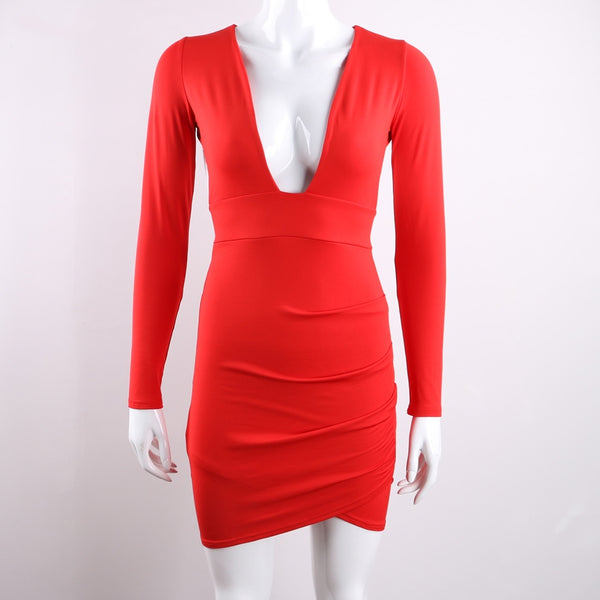 Nadia Long Sleeve Deep V Plunge Dress - Red - Daily Chic