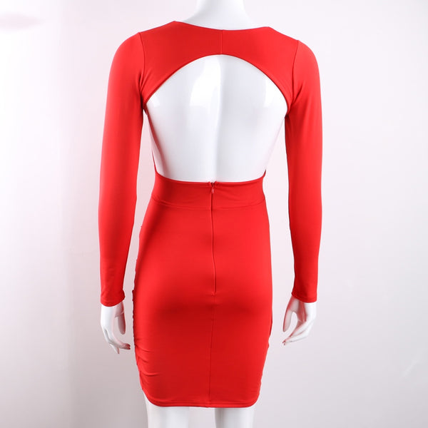 Nadia Long Sleeve Deep V Plunge Dress - Red - Daily Chic