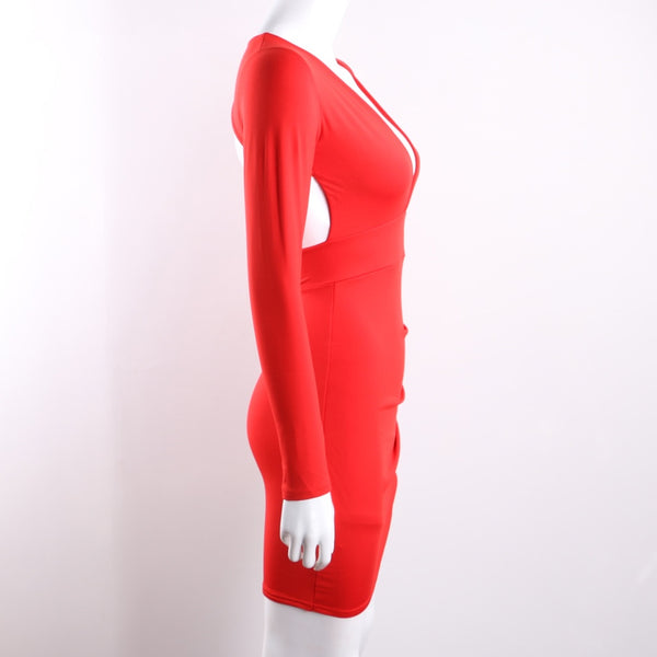 Nadia Long Sleeve Deep V Plunge Dress - Red - Daily Chic
