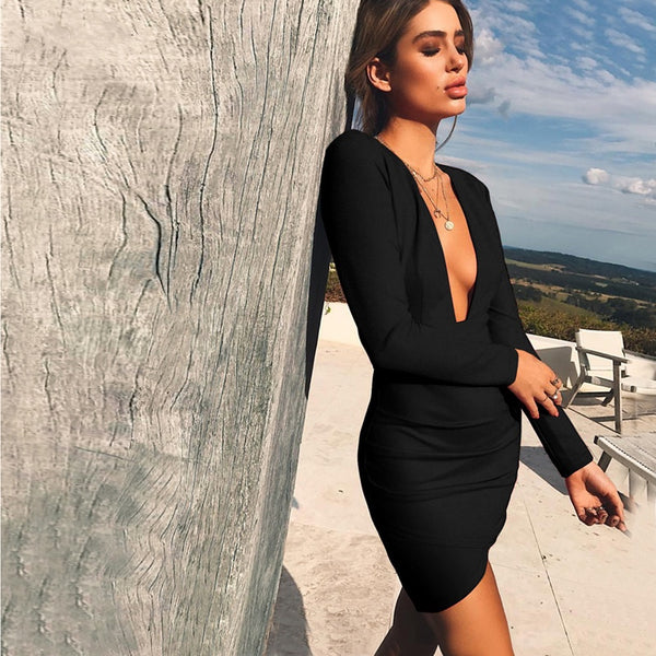 Nadia Long Sleeve Deep V Plunge Dress - Black – Daily Chic
