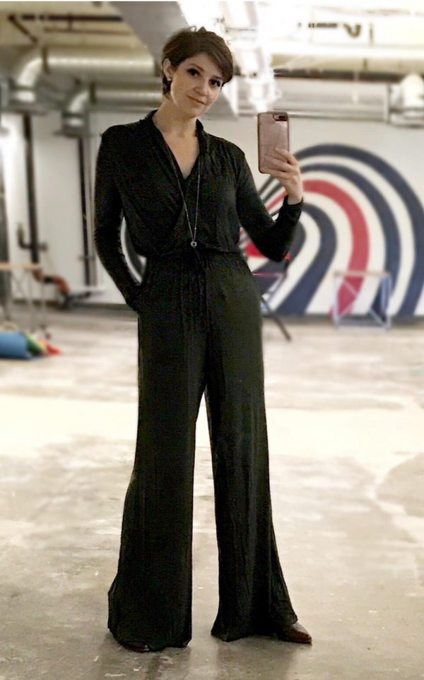 Uptown Wrap Top Wide Leg Long Sleeve Jumpsuit - Black - Daily Chic