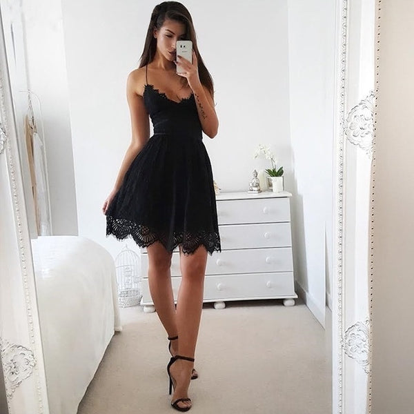 Macie Lace Up Back Lace Dress - Black - Daily Chic