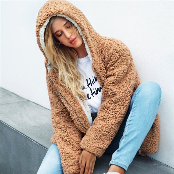 San Clemente Hooded Teddy Coat - Camel + White - Daily Chic