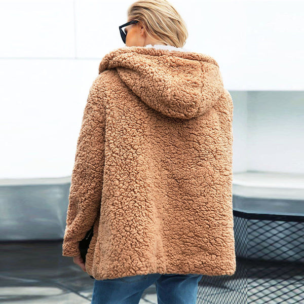 San Clemente Hooded Teddy Coat - Camel + White - Daily Chic