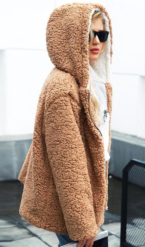 San Clemente Hooded Teddy Coat - Camel + White - Daily Chic